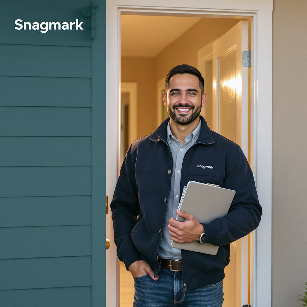 Snagmark inspector at the open entrance of a clean modern rental home, clipboard in hand, warm afternoon light at the door.